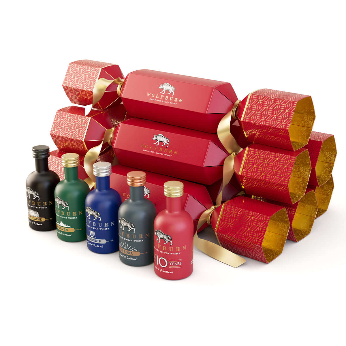 A set of 6 red luxury Christmas Cracker on a white background