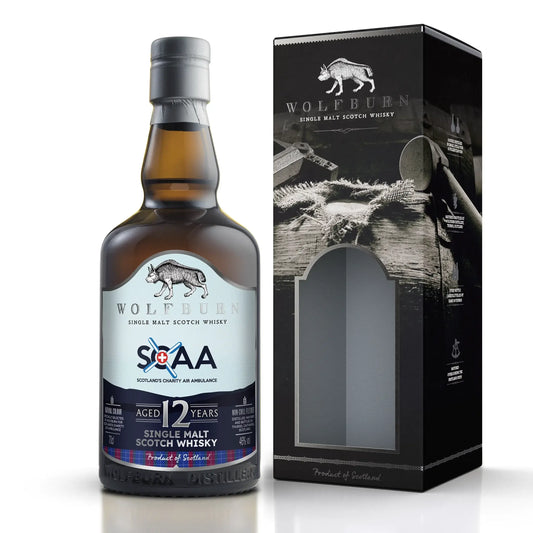 SCAA Single Malt Scotch Whisky bottle aged 12 years with packaging from Wolfburn Distillery.