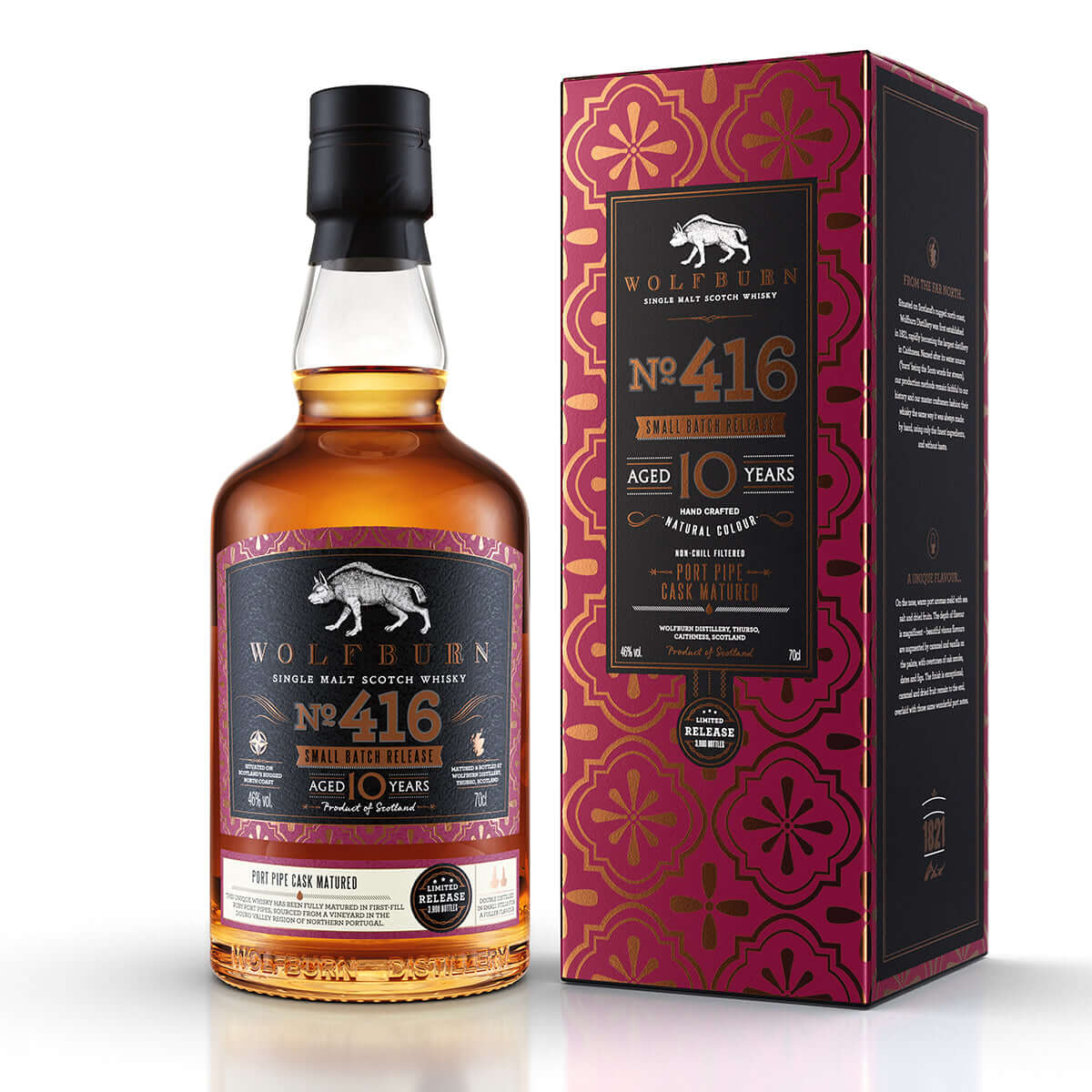 Small Batch 416 Single Malt Scotch Whisky bottle and box, aged 10 years, 46% vol, Wolfburn, port cask matured.