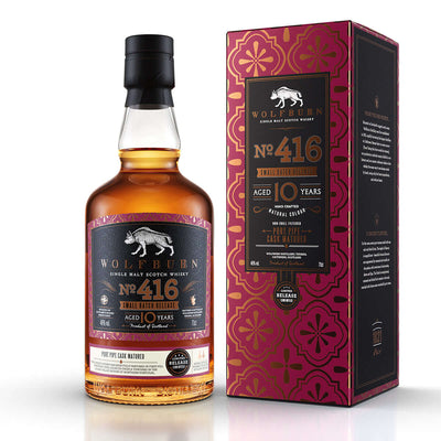 Small Batch 416 Single Malt Scotch Whisky bottle and box, aged 10 years, 46% vol, Wolfburn, port cask matured.