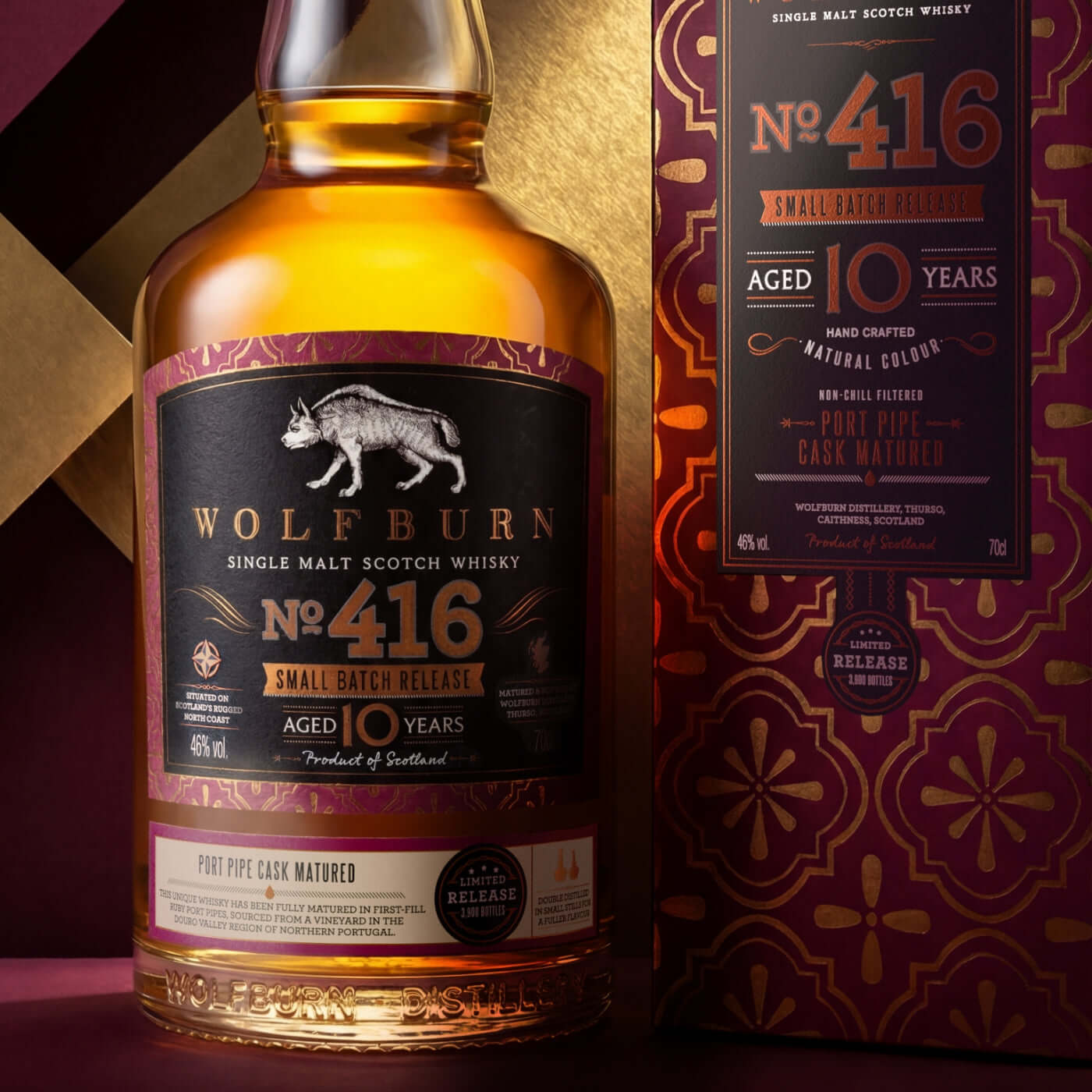 Image of Wolfburn Small Batch 416 Single Malt Scotch Whisky, a 10-year-old whisky at 46% vol, in a premium package.
