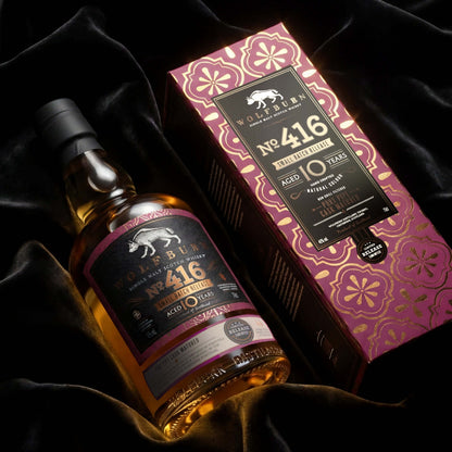 Wolfburn Small Batch 416 Single Malt Scotch Whisky bottle and box on a dark silk background