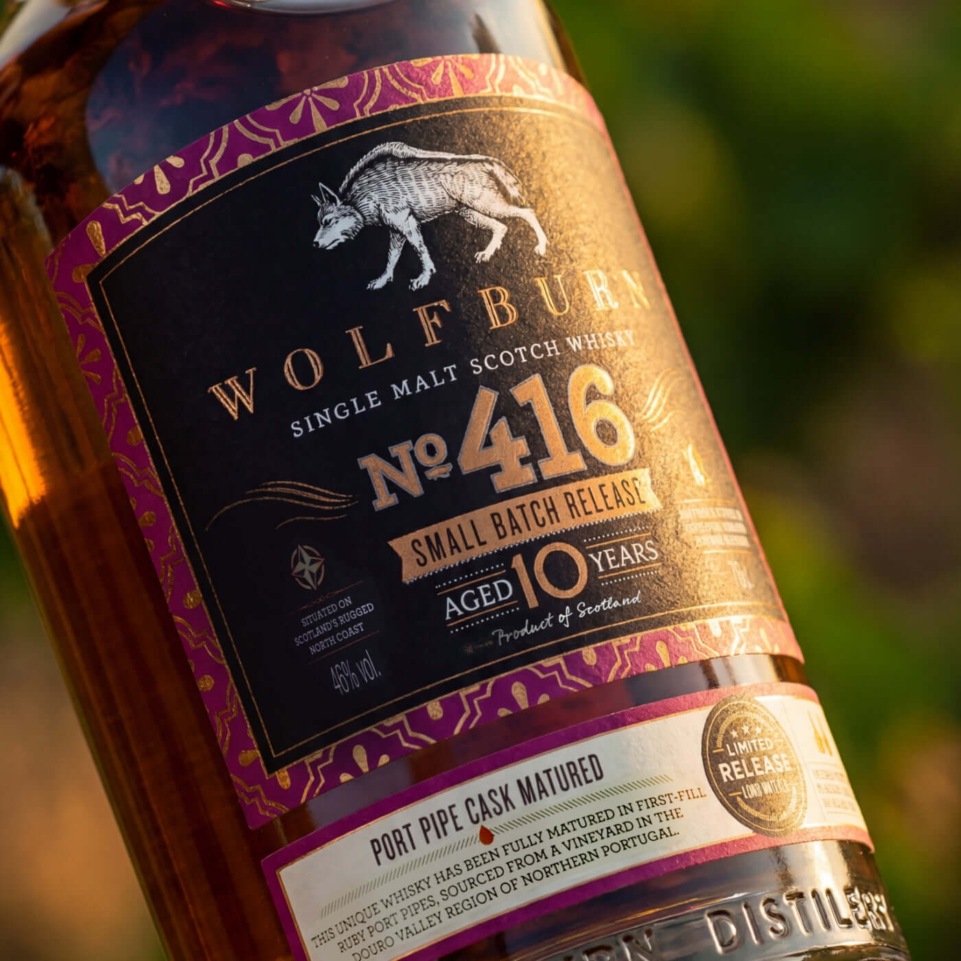 Wolfburn Small Batch 416 Single Malt Scotch Whisky - 46% vol, 10 years aged, port pipe cask matured, product of Scotland.