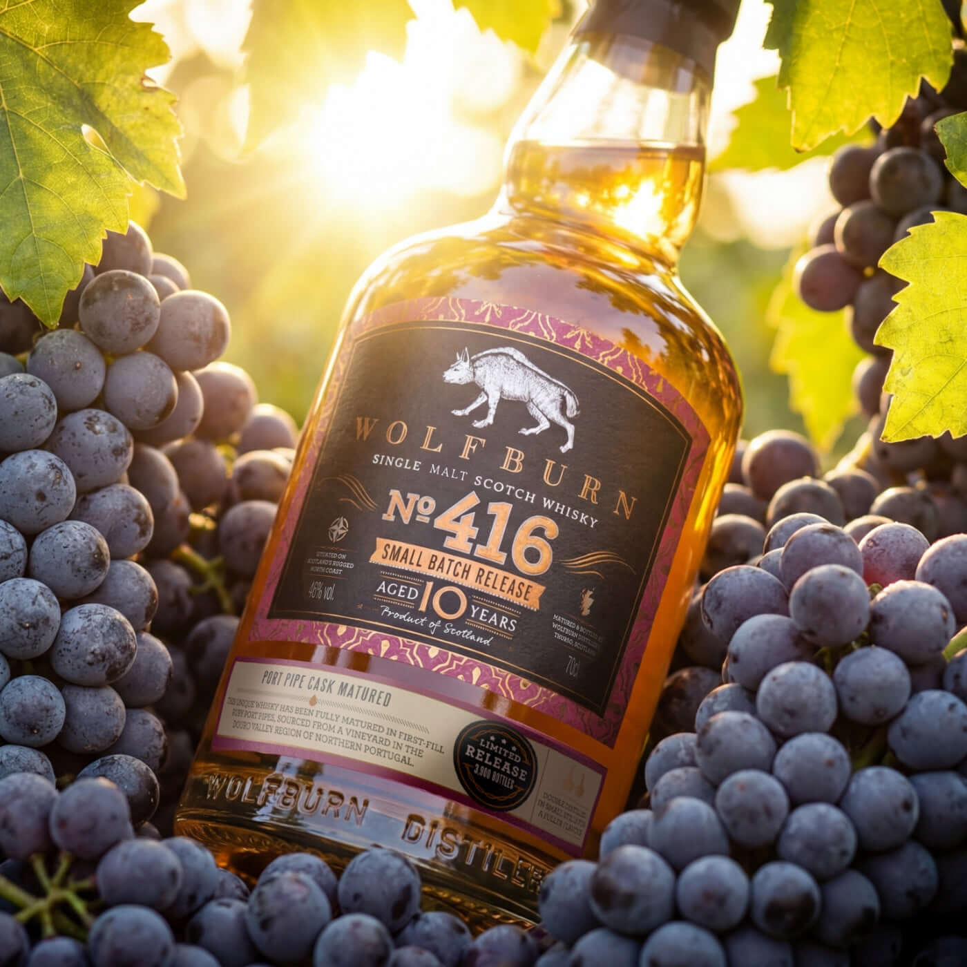 Small Batch 416 Single Malt Scotch Whisky bottle surrounded by grapes and leaves, highlighting its unique aging process.