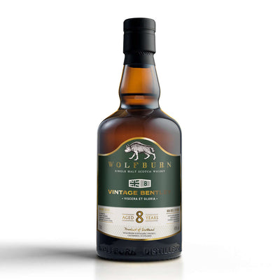 Vintage Bentley 8 Single Malt Scotch Whisky bottle with label showcasing its age and craftsmanship.