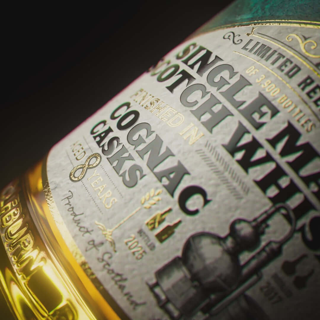 Wolfburn Cognac Finish bottle rotating on dark background