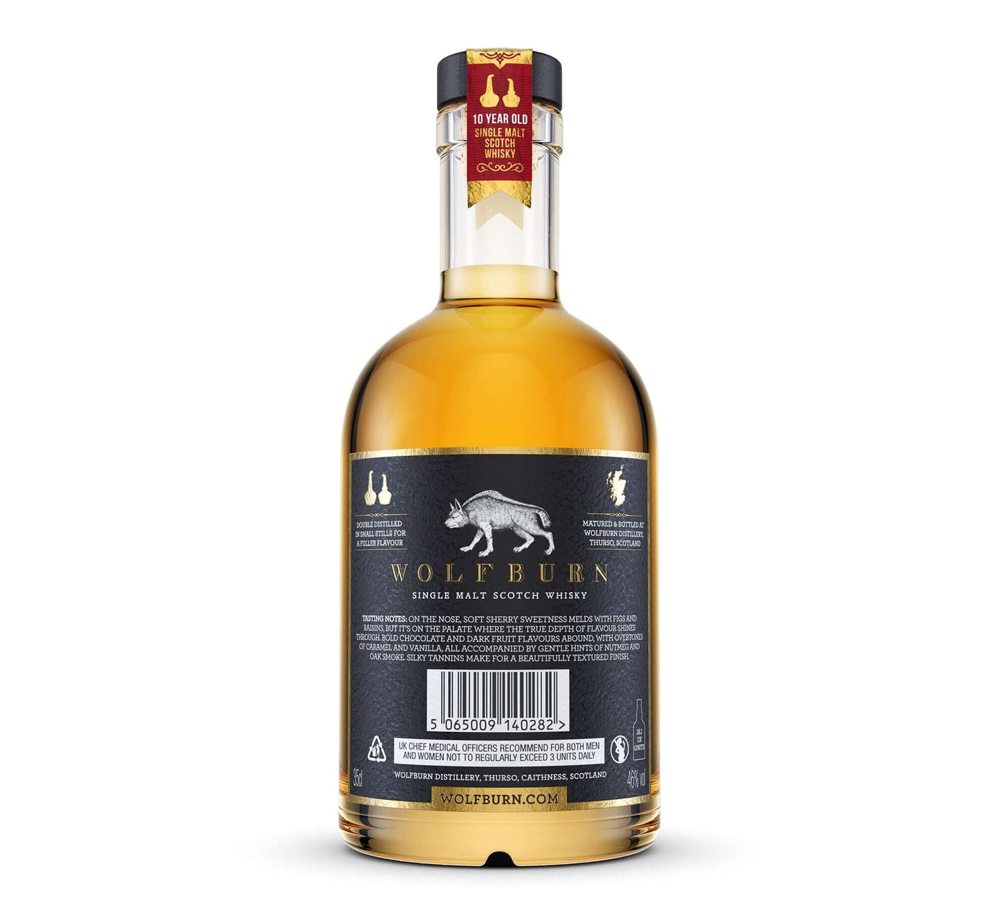 10 Year Old Single Malt Scotch Whisky - 46 vol. 35cl in a bottle showing detailed back label.