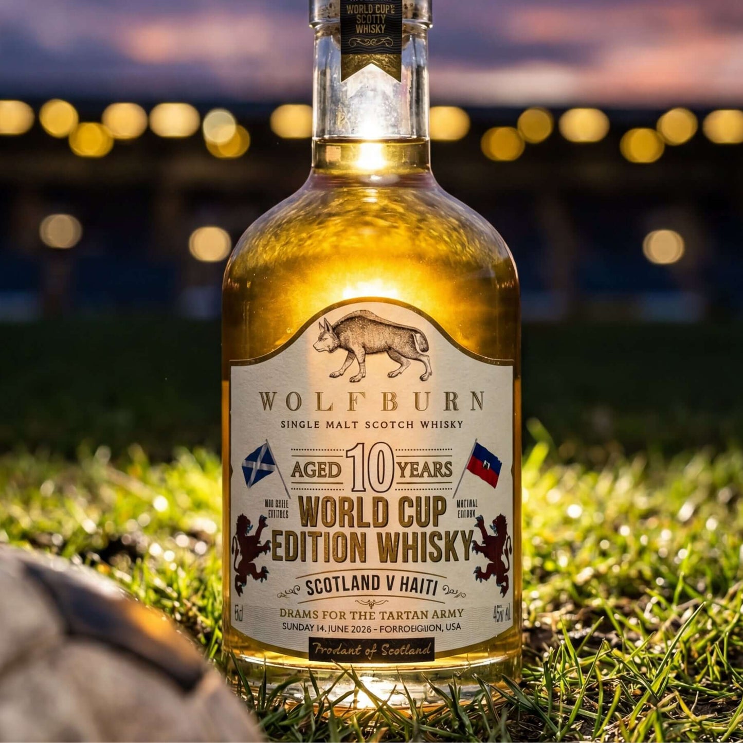 Wolfburn 10-year-old World Cup Edition Single Malt Scotch Whisky bottle in a stadium on grass with blurred lights in the background