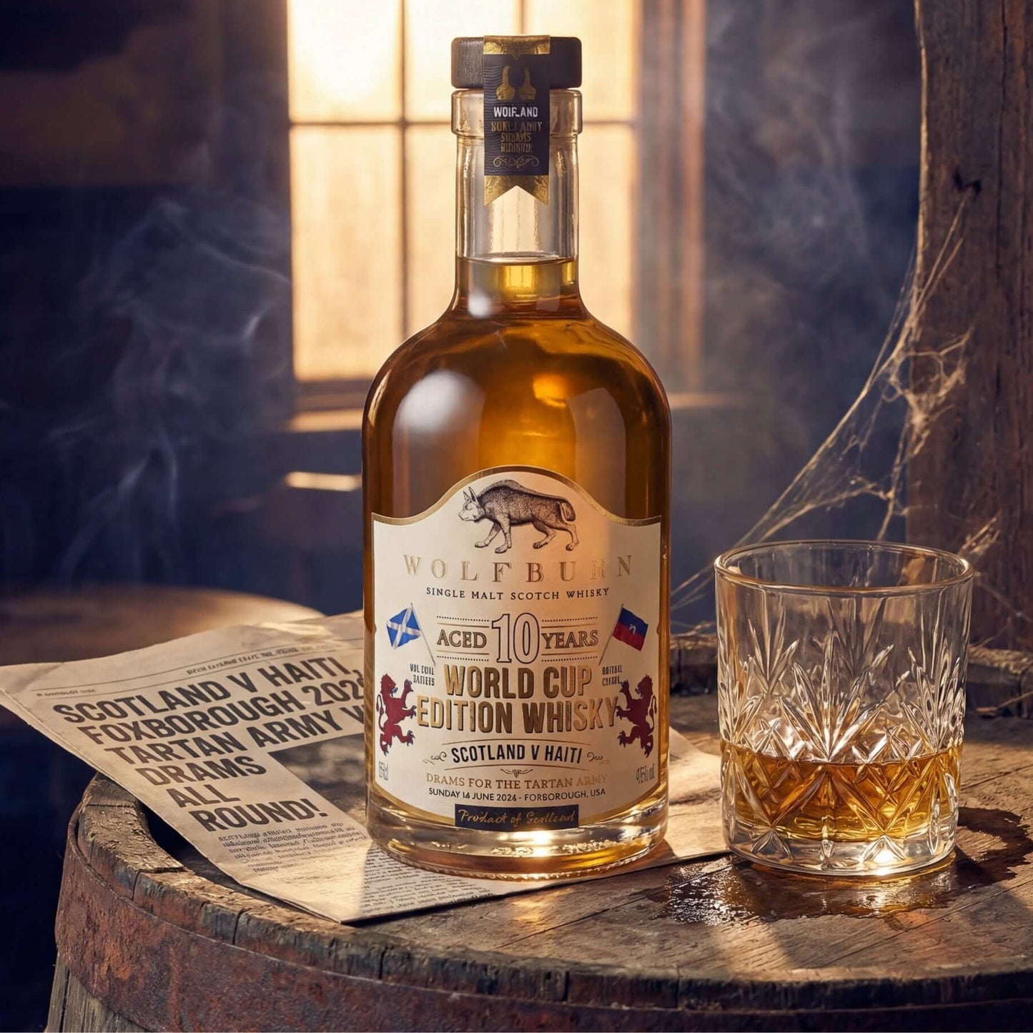 Bottle of Wolfburn 10-year-old World Cup Edition Single Malt Scotch Whisky with a glass and newspaper on a wooden barrel.