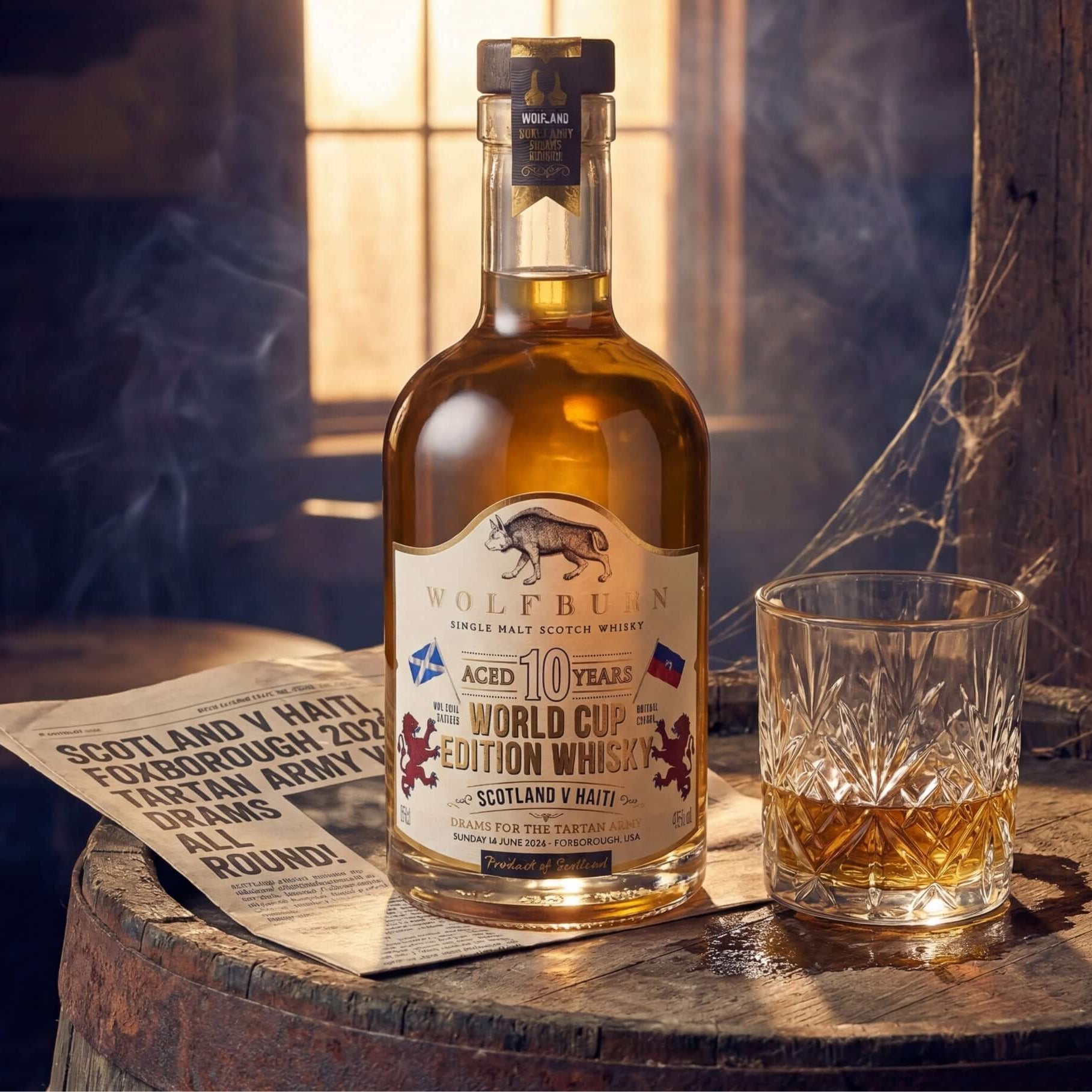 Bottle of Wolfburn 10-year-old World Cup Edition Single Malt Scotch Whisky with a glass and newspaper on a wooden barrel.