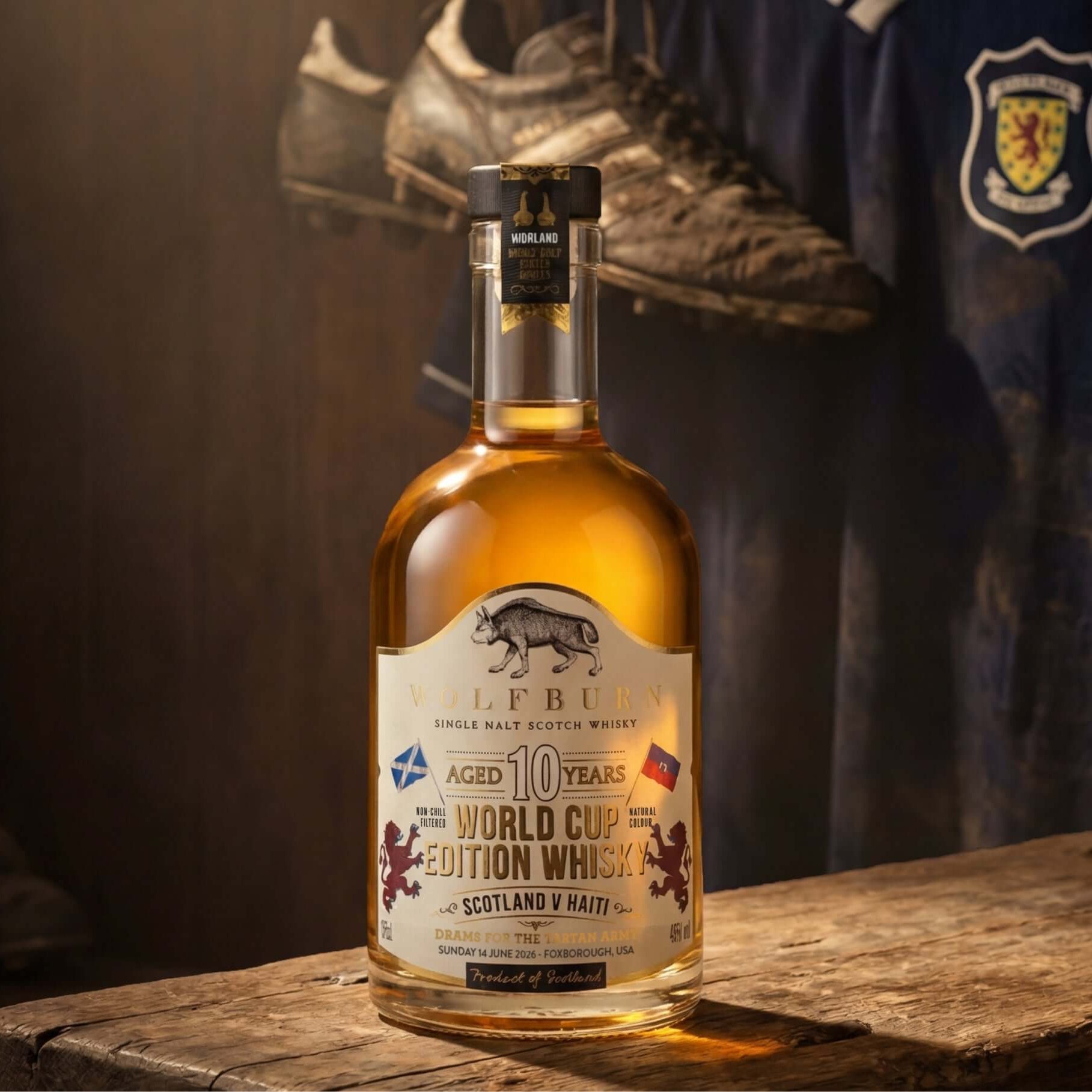 Bottle of Wolfburn Single Malt Scotch Whisky on a wooden surface with muddy football boots and jersey in blurred background