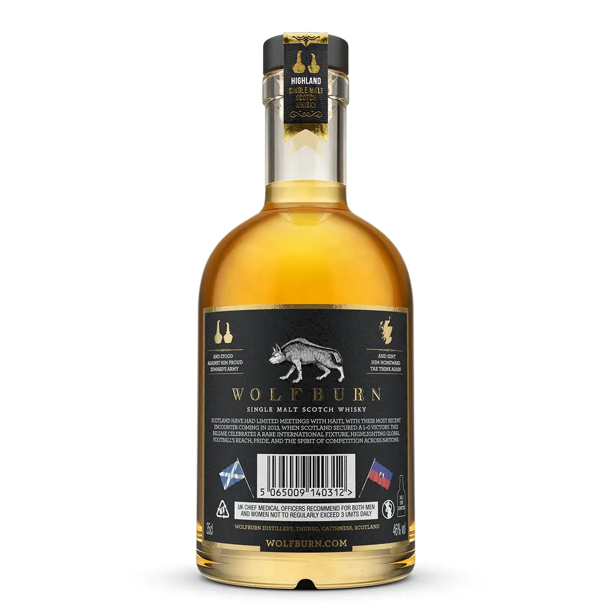 Back of Bottle of Wolfburn Single Malt Scotch Whisky on a white background, Scotland vs Haiti