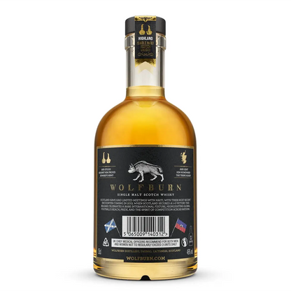 Back of Bottle of Wolfburn Single Malt Scotch Whisky on a white background, Scotland vs Haiti