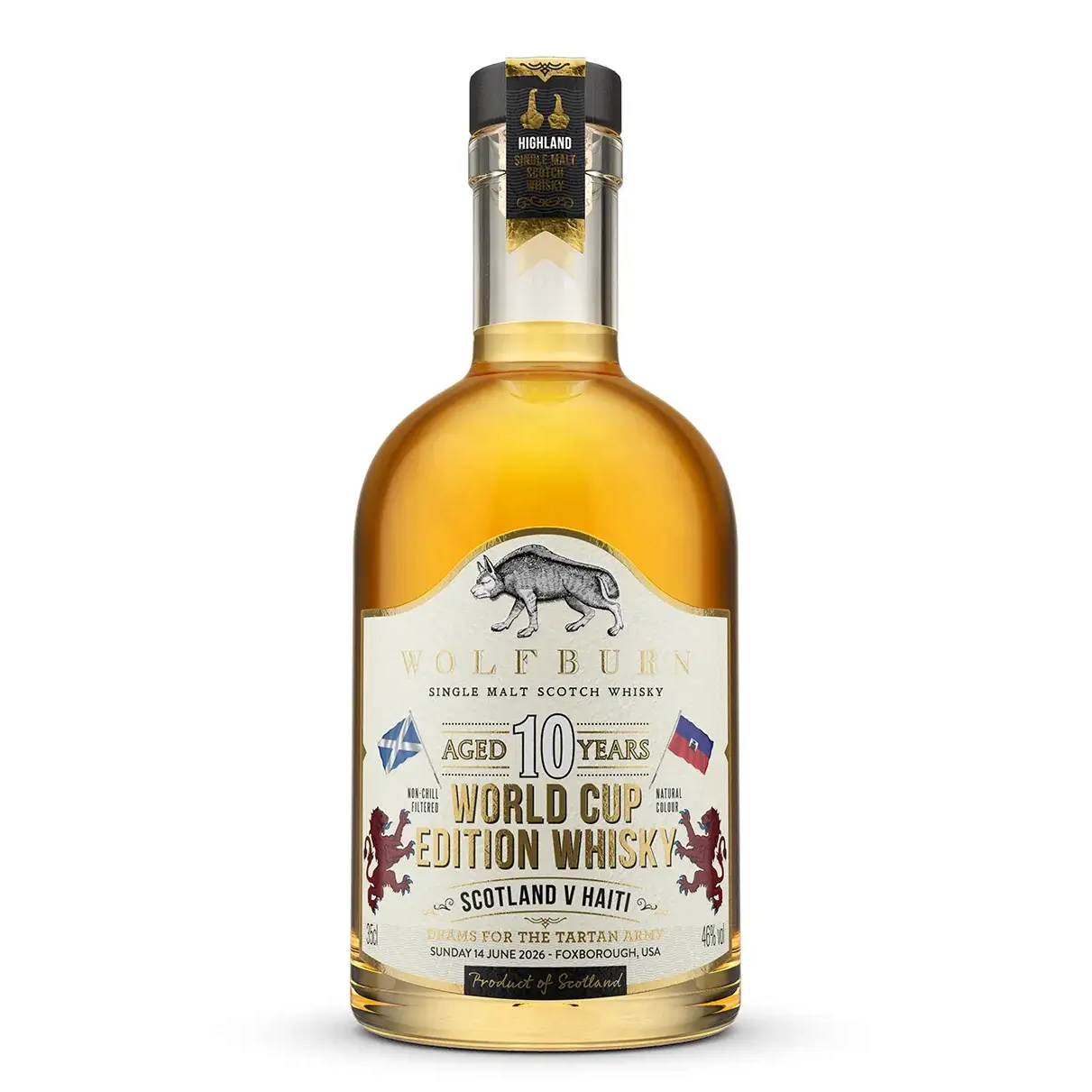 Bottle of Wolfburn 10 Year Old World Cup Limited-Edition Single Malt Scotch Whisky on a white background, Scotland vs Haiti