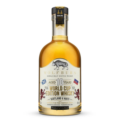 Bottle of Wolfburn 10 Year Old World Cup Limited-Edition Single Malt Scotch Whisky on a white background, Scotland vs Haiti