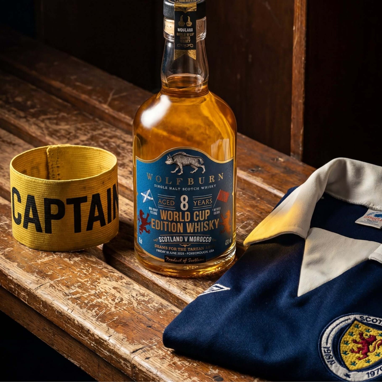 Bottle of Wolfburn 8 Year Old World Cup Edition Single Malt Scotch Whisky with a captain's armband and Scotland shirt on a wooden surface.