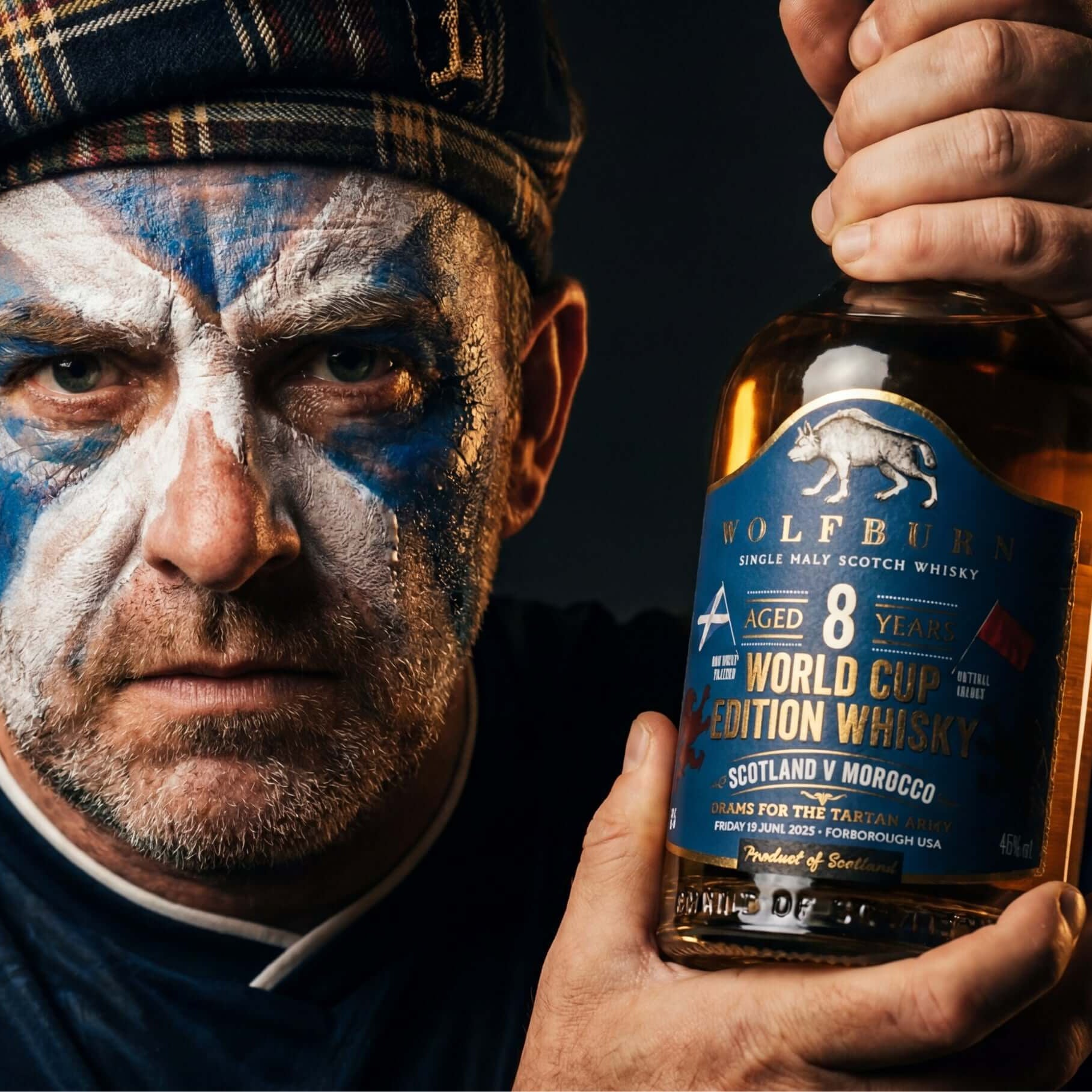 Scottish man with face painted in blue and white holding a bottle of Wolfburn Single Malt Scotch Whisky.