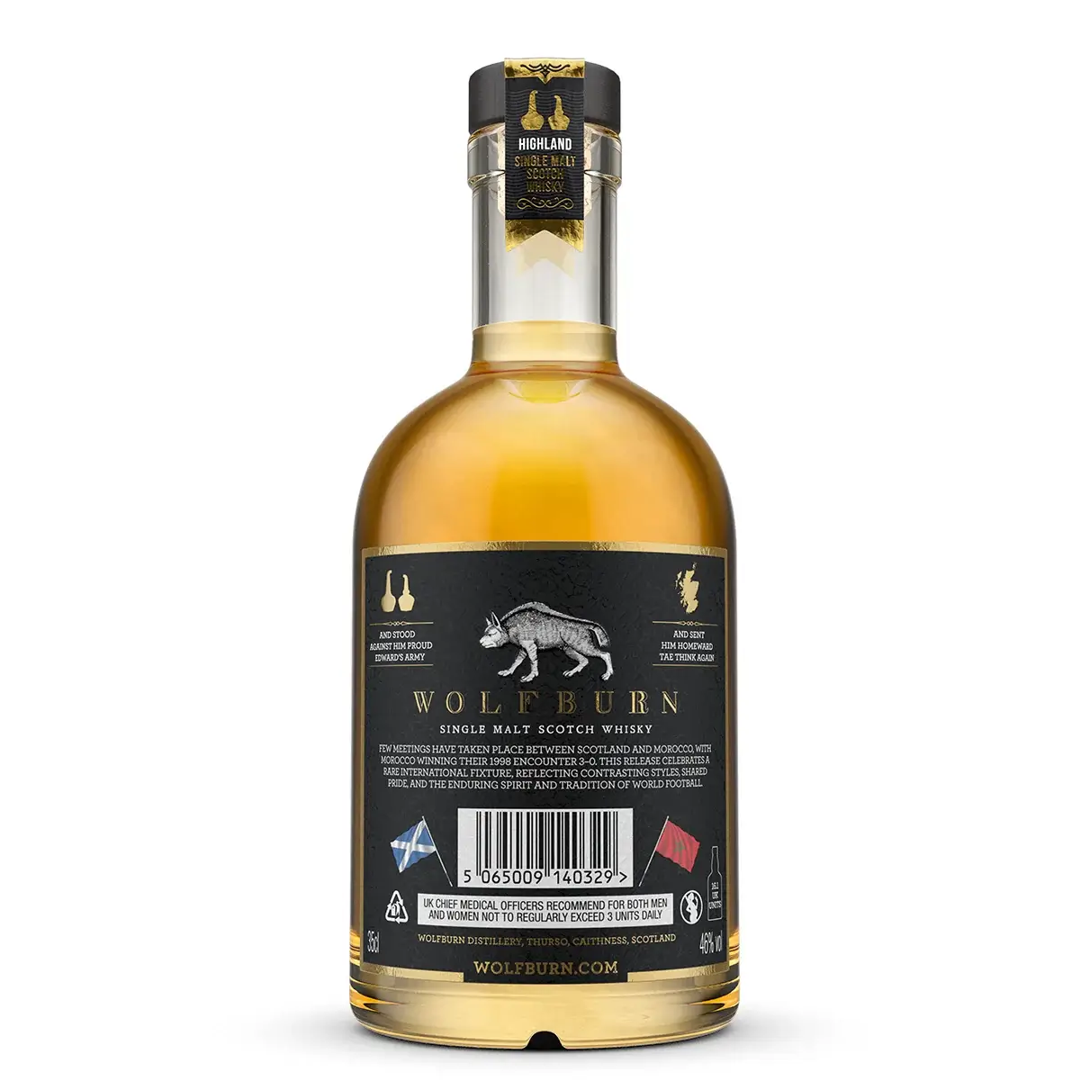 Back of Bottle of Wolfburn Single Malt Scotch Whisky on a white background, Scotland vs Morocco