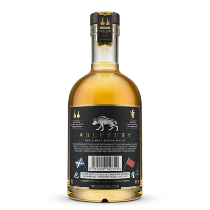 Back of Bottle of Wolfburn Single Malt Scotch Whisky on a white background, Scotland vs Morocco