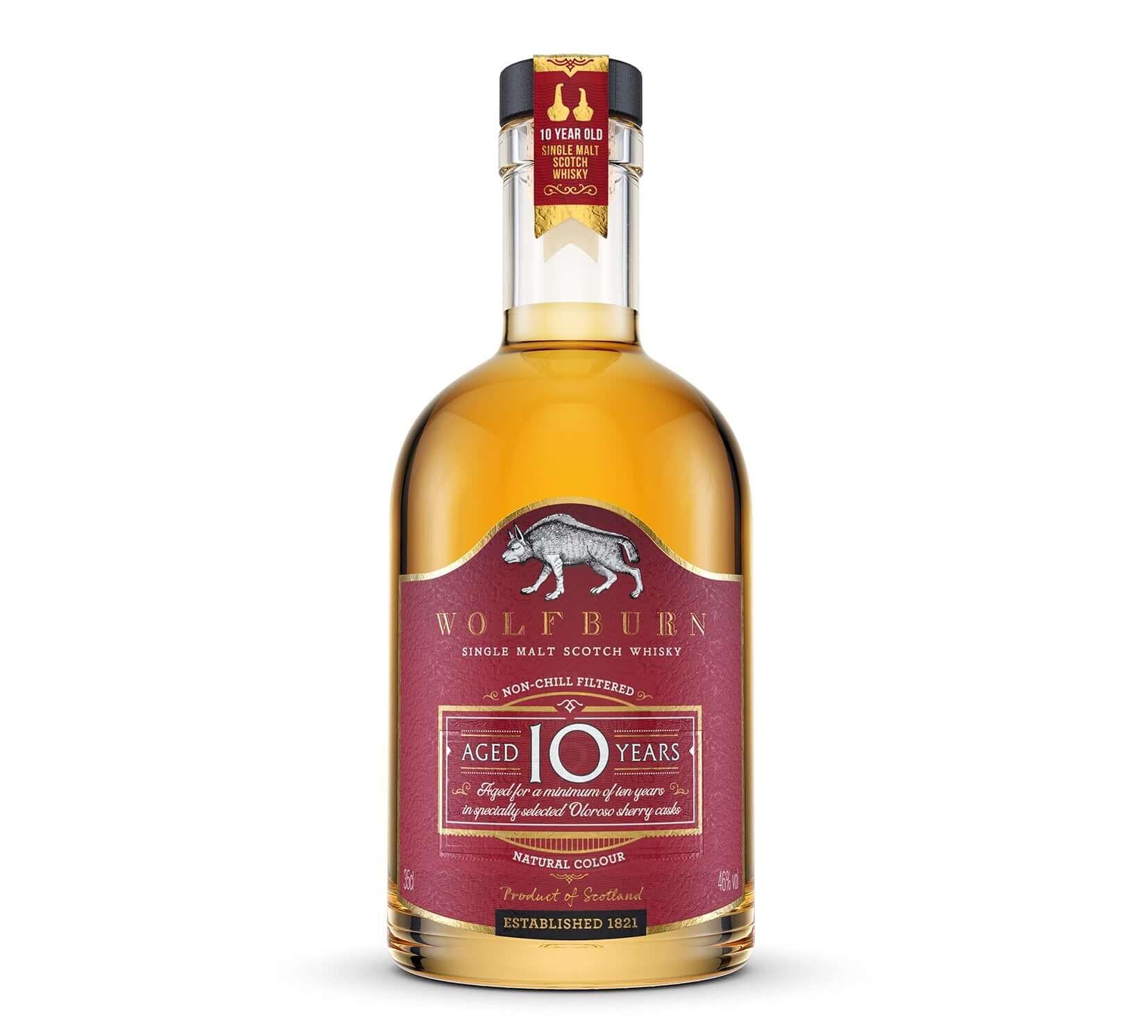 10 Year Old Single Malt Scotch Whisky - 46 vol. 35cl bottle of Wolfburn with elegant label and natural color.