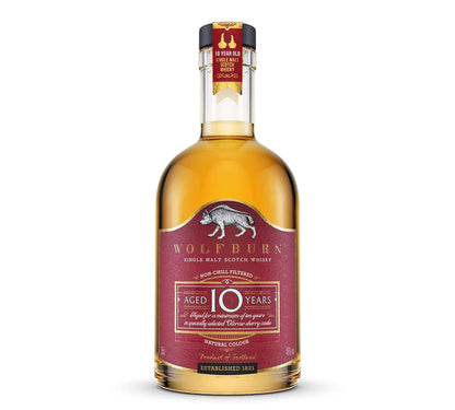 10 Year Old Single Malt Scotch Whisky - 46 vol. 35cl bottle of Wolfburn with elegant label and natural color.