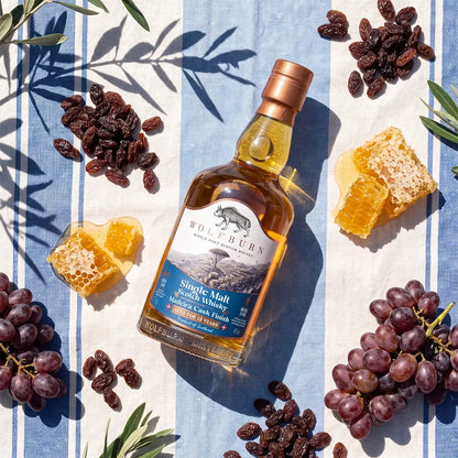 Wolfburn 12 Year Old Madeira Cask Finish bottle on striped linen with sultanas, honeycomb and grapes in sunlight