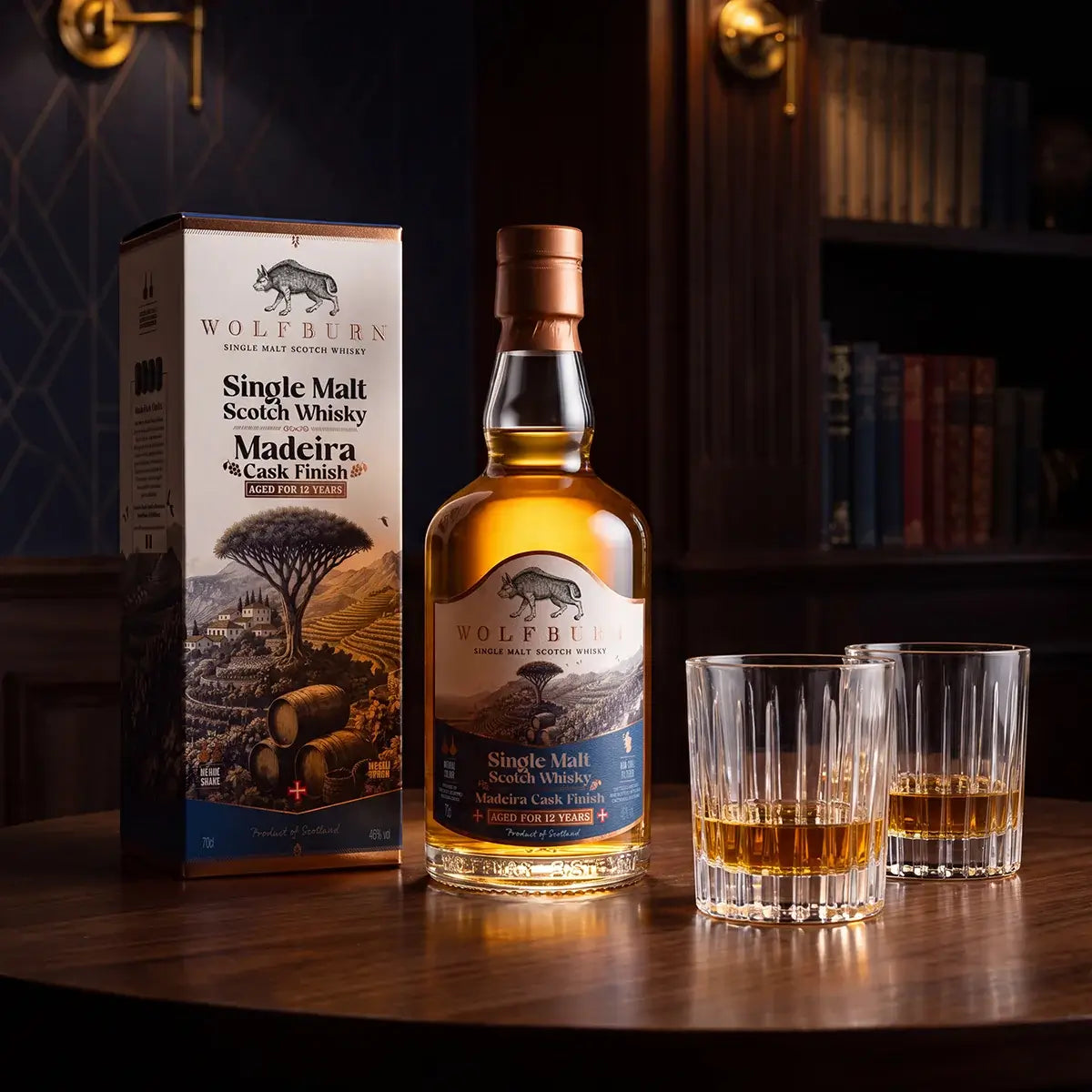 Wolfburn 12 Year Old Madeira Cask Finish bottle and carton with two glasses of whisky in a panelled library