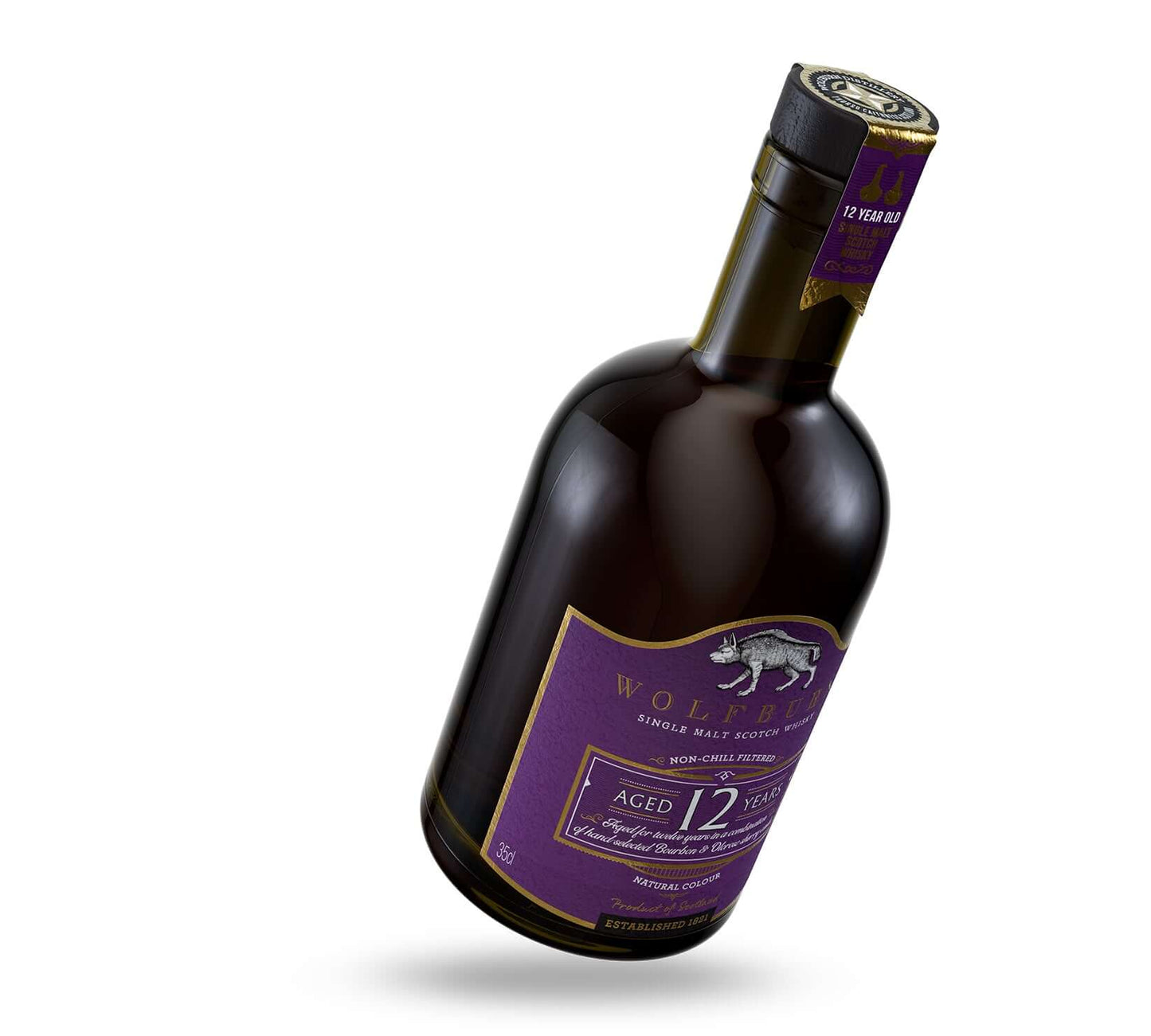 12 Year Old Single Malt Scotch Whisky 46 vol. 35cl bottle with distinctive packaging and design