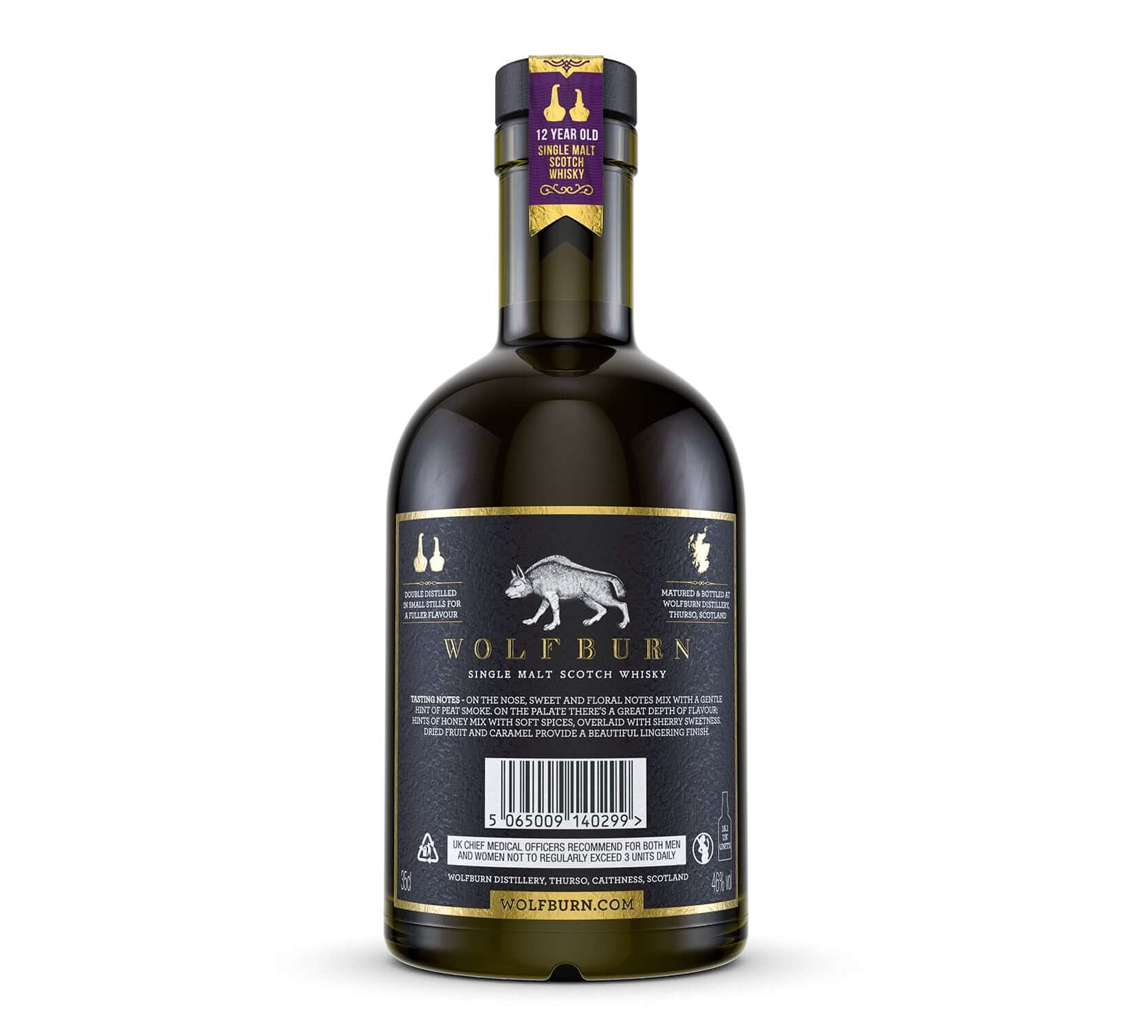 12 Year Old Single Malt Scotch Whisky 46 vol. 35cl bottle back view with black label and gold accents.