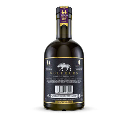 12 Year Old Single Malt Scotch Whisky 46 vol. 35cl bottle back view with black label and gold accents.