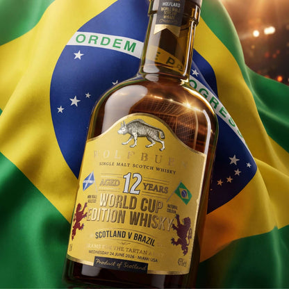 Bottle of Wolfburn World Cup Edition Single Malt Scotch Whisky against a Brazilian flag background