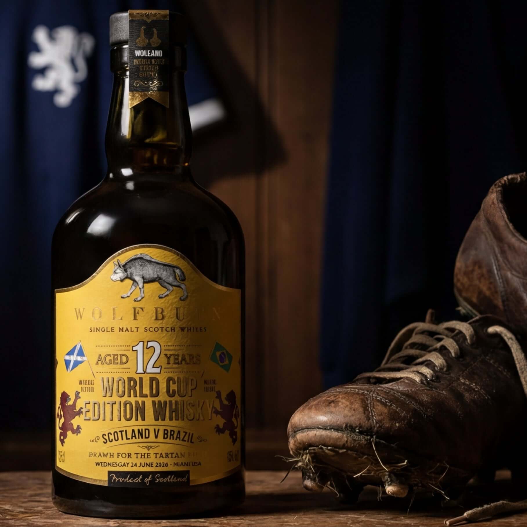 Bottle of Wolfburn World Cup Edition Single Malt Scotch Whisky with vintage football boots on a wooden surface.