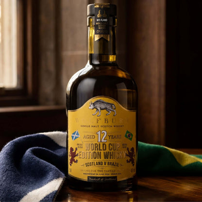 Bottle of 12-year-old World Cup Edition Single Malt Scotch Whisky on a wooden surface with a Scotland and Brazil scarf