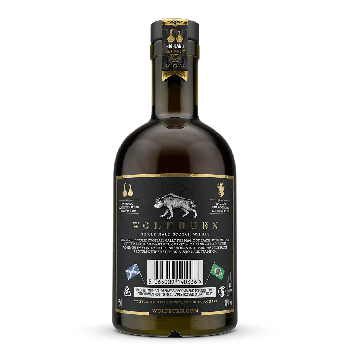Back of Bottle of Wolfburn Single Malt Scotch Whisky on a white background. Scotland vs Brazil
