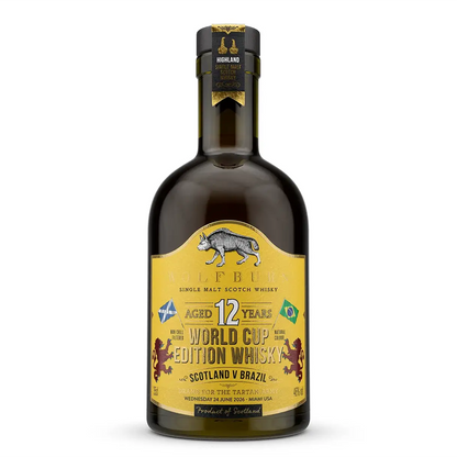 Bottle of World Cup Edition Single Malt Scotch Whisky with a yellow label on a white background. Scotland vs Brazil