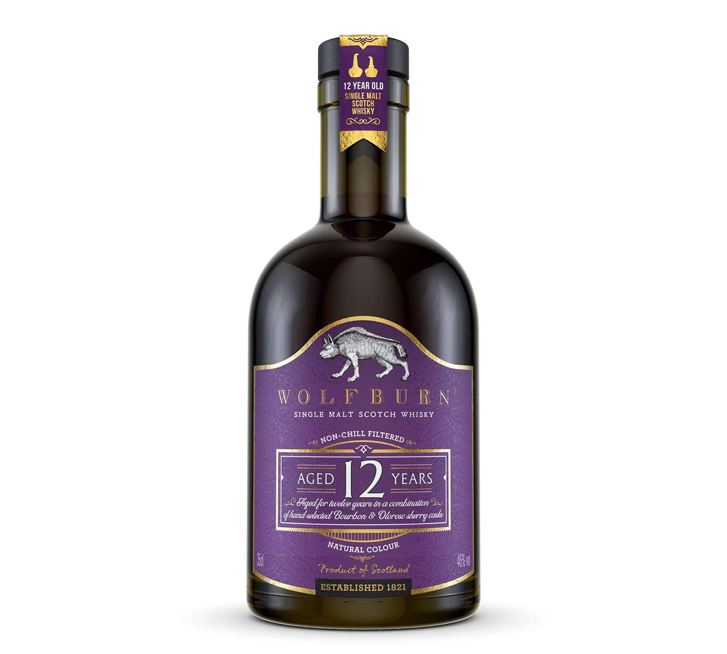 12 Year Old Single Malt Scotch Whisky 46 vol. 35cl bottle with purple label and elegant design.