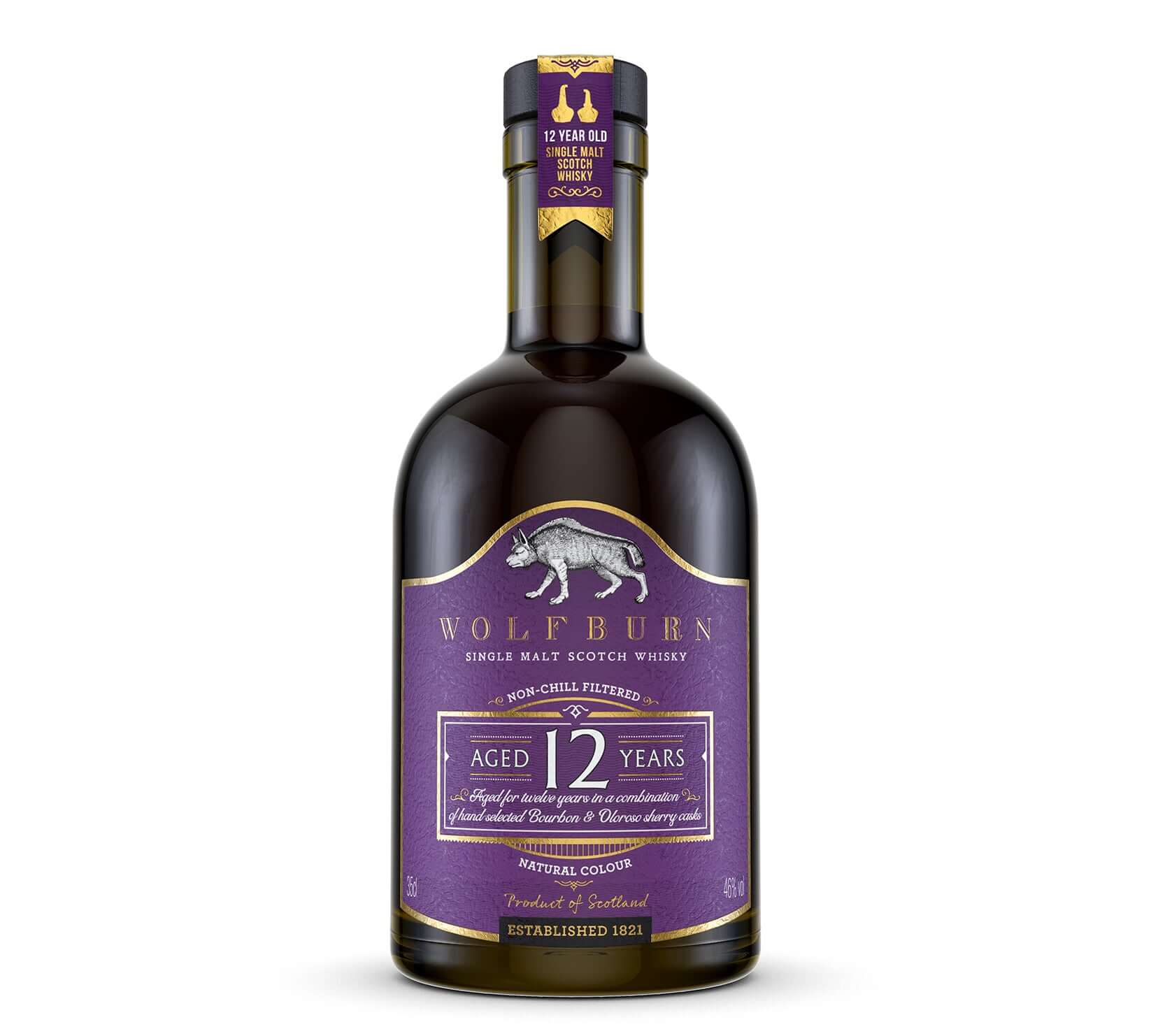 12 Year Old Single Malt Scotch Whisky 46 vol. 35cl bottle with purple label and elegant design.