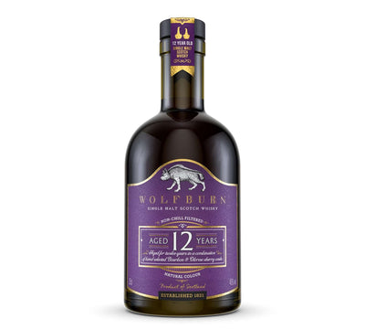 12 Year Old Single Malt Scotch Whisky 46 vol. 35cl bottle with purple label and elegant design.