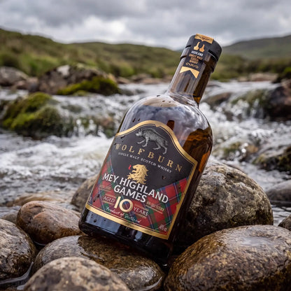 A bottle of Wolfburn 10 Years Old Single Malt Scotch Whisky labeled 'Mey Highland Games' is placed on wet rocks beside a flowing stream in a natural outdoor setting.