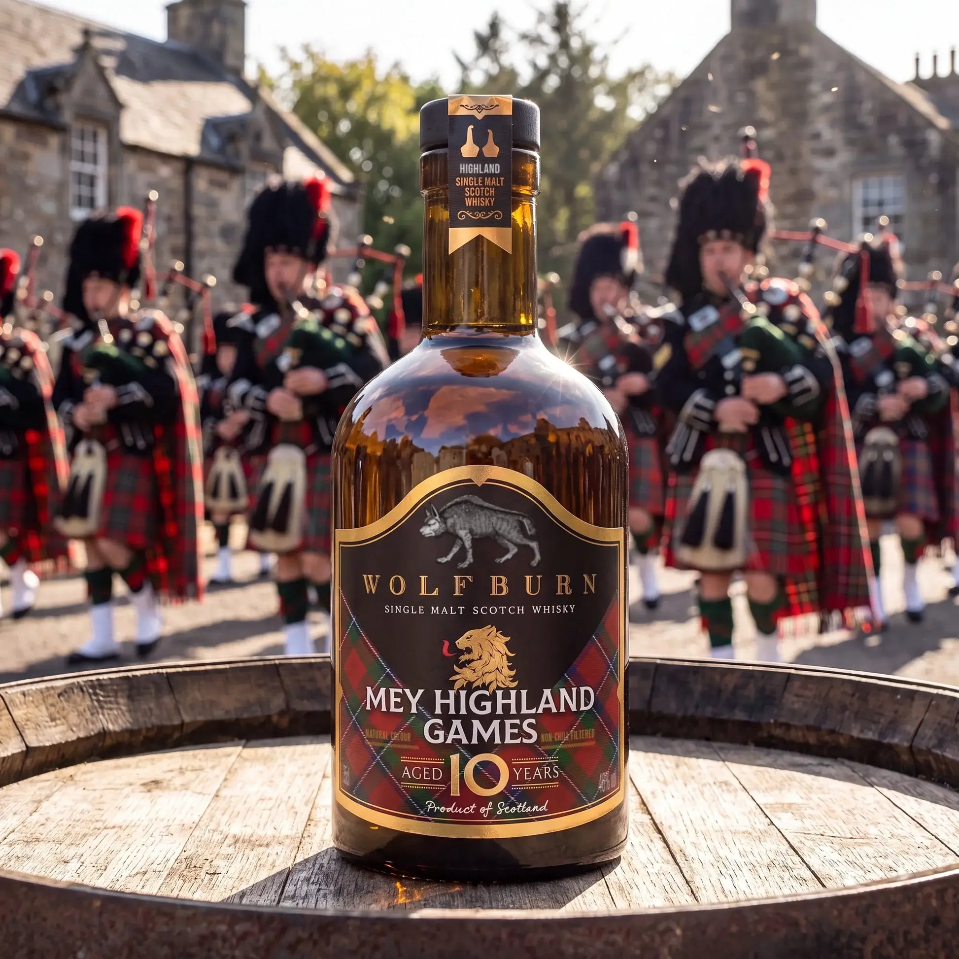 A bottle of Wolfburn 'Mey Highland Games' single malt Scotch whisky stands on a wooden barrel in the foreground, with a blurred background of bagpipers in traditional Scottish attire.