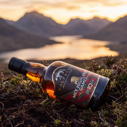 A bottle of single malt scotch whisky lying on grass and soil outdoors, with Scottish mountains and a lake in the background at sunset. The label reads Wolfburn and Mey Highlands Games.