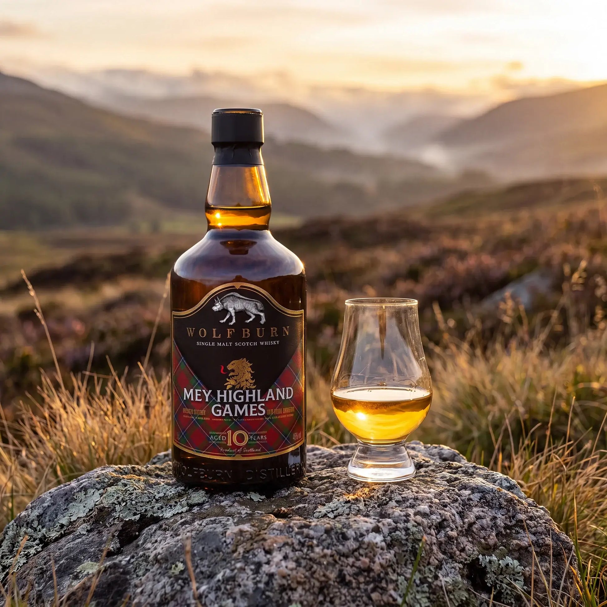 A bottle of Wolfburn 'Mey Highland Games' single malt whisky stands on a large rock beside a filled Glencairn glass, set against a blurred mountain landscape in Caithness, Scotland at sunset.