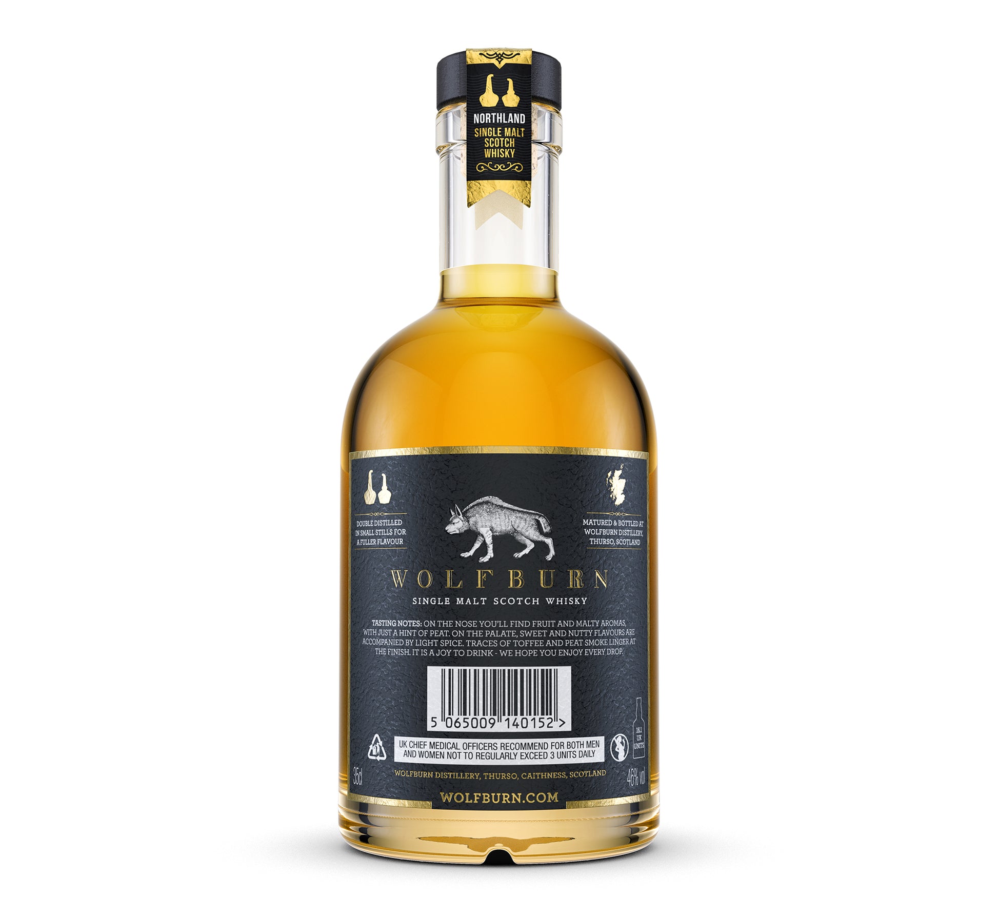 Wolfburn single malt Scotch whisky bottle on a white background