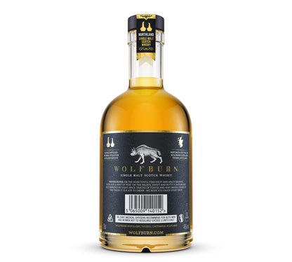 Wolfburn single malt Scotch whisky bottle on a white background