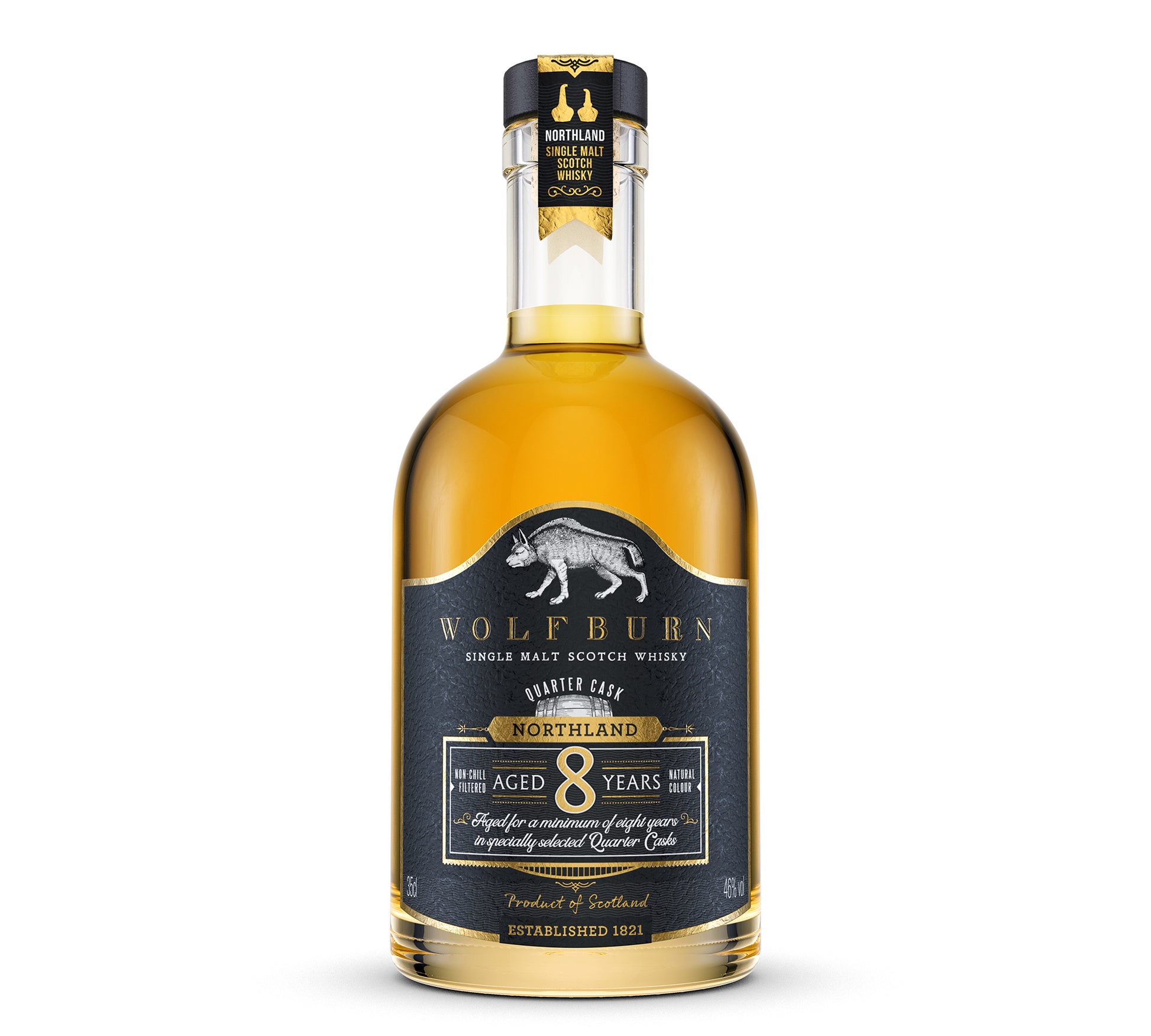 8 Year Old Single Malt Scotch Whisky - 46 vol. 35cl in a bottle showing detailed front label.