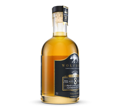 Side of Bottle of Wolfburn 35cl age statement whisky on a white background