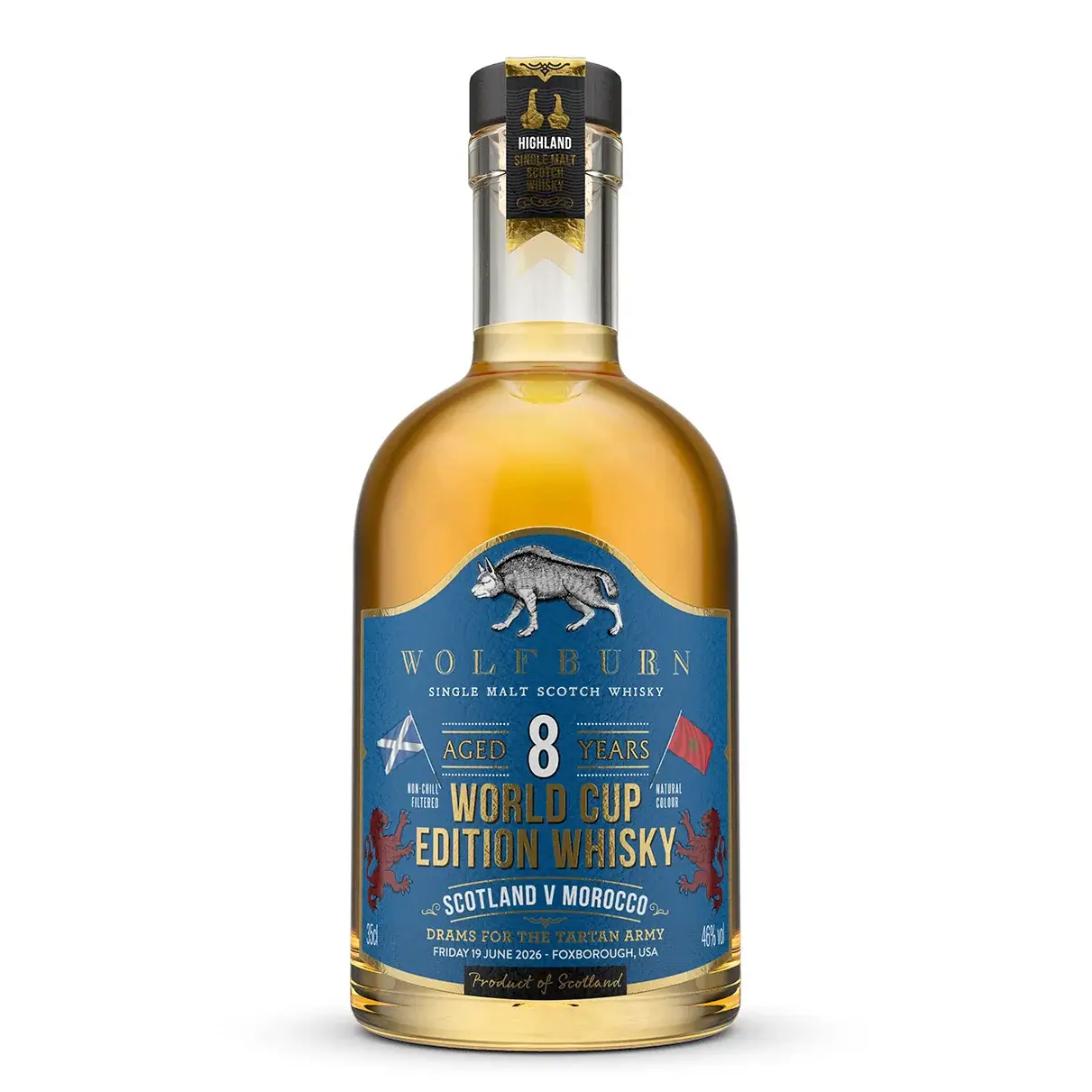 Wolfburn 8-year-old World Cup Limited Edition Single Malt Scotch Whisky bottle on a white background. Scotland vs Morocco