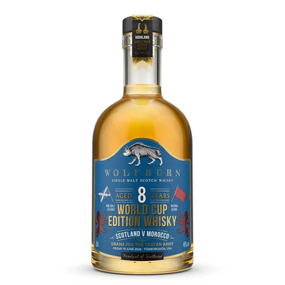Wolfburn 8-year-old World Cup Limited Edition Single Malt Scotch Whisky bottle on a white background. Scotland vs Morocco