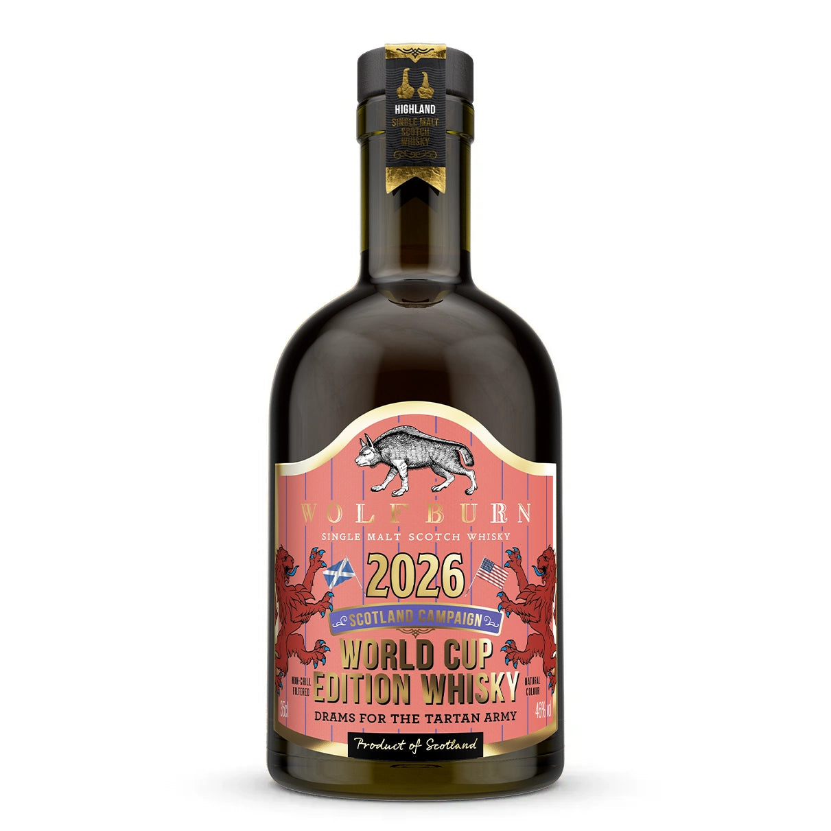 Wolfburn Morven World Cup Edition 2026 — Highland Single Malt Scotch Whisky, coral and blue pinstripe label with Saltire and US flag, 46% ABV, hand-bottled in Thurso, Caithness