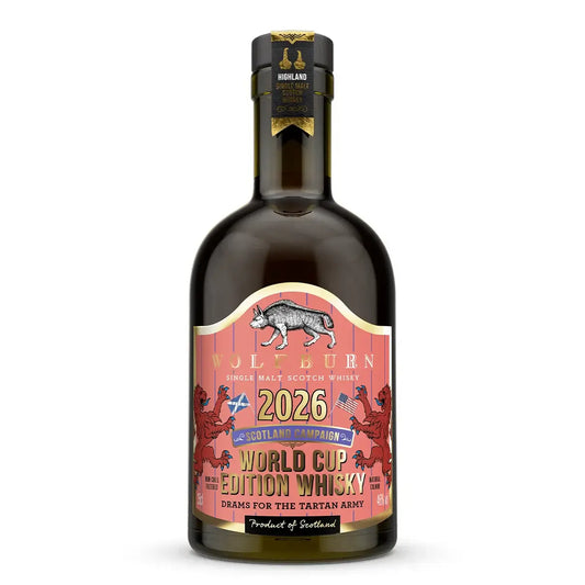 Morven World Cup Campaign Single Malt Scotch Whisky — Highland Single Malt Scotch Whisky, coral and blue pinstripe label with Saltire and US flag, 46% ABV, hand-bottled in Thurso, Caithness
